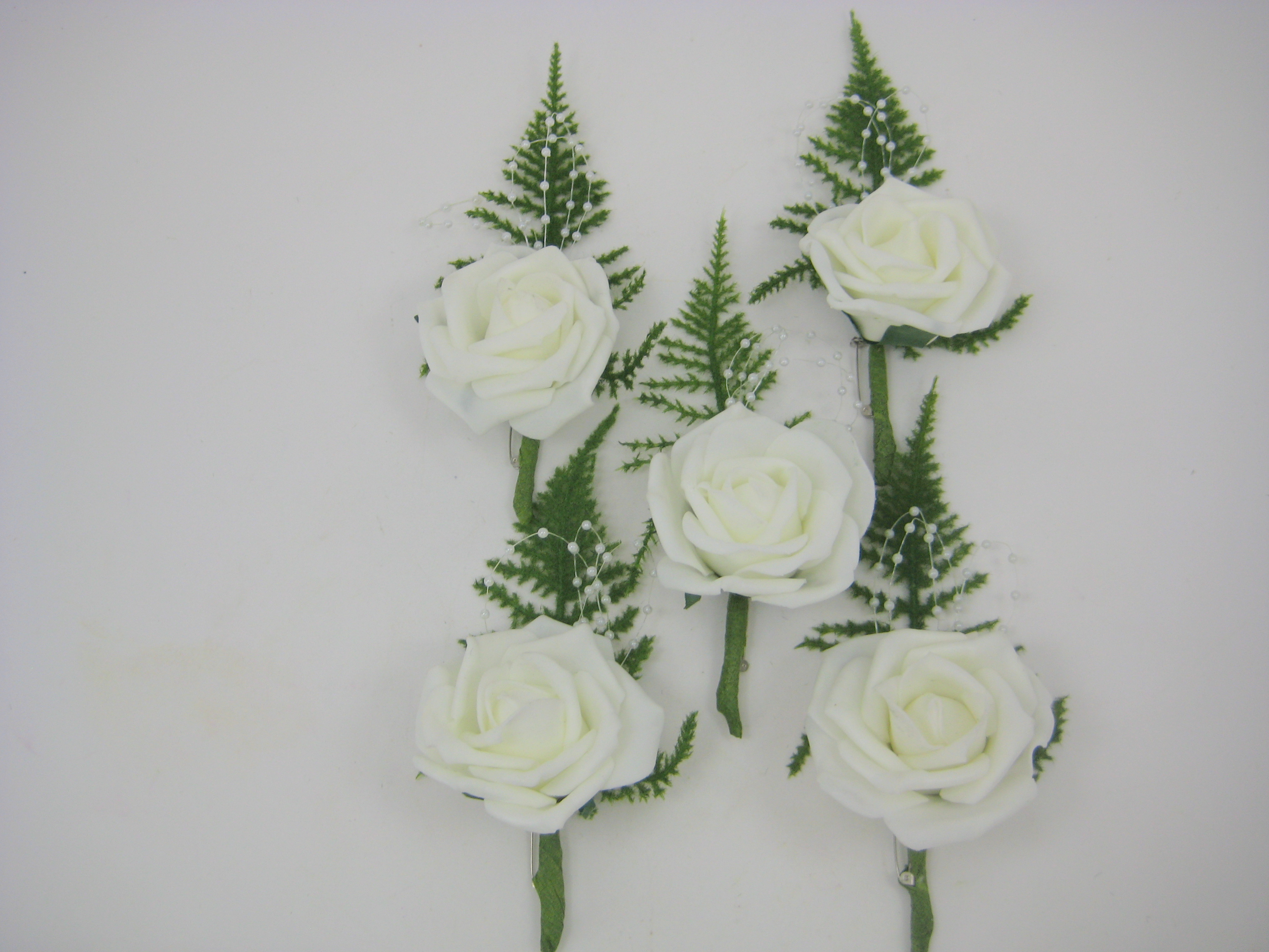 Pair Of Ivory Foam Rose Buttonholes With Greenery Diamante 