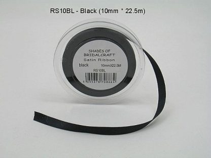 RS10BL  10 MM x 22.5 METRES SATIN RIBBON IN BLACK - IF QUANTITY IS MORE THAN 10 ROLLS PAY 85P A ROLL